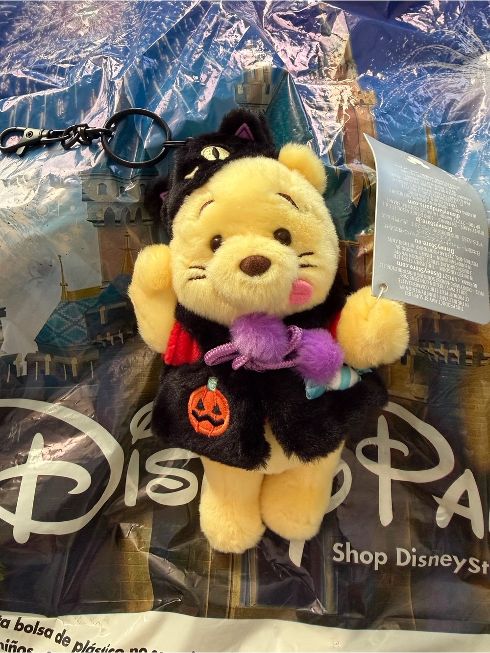 NWT Disney Parks Halloween Winnie the Pooh Black Cat plush bag charm keychain
